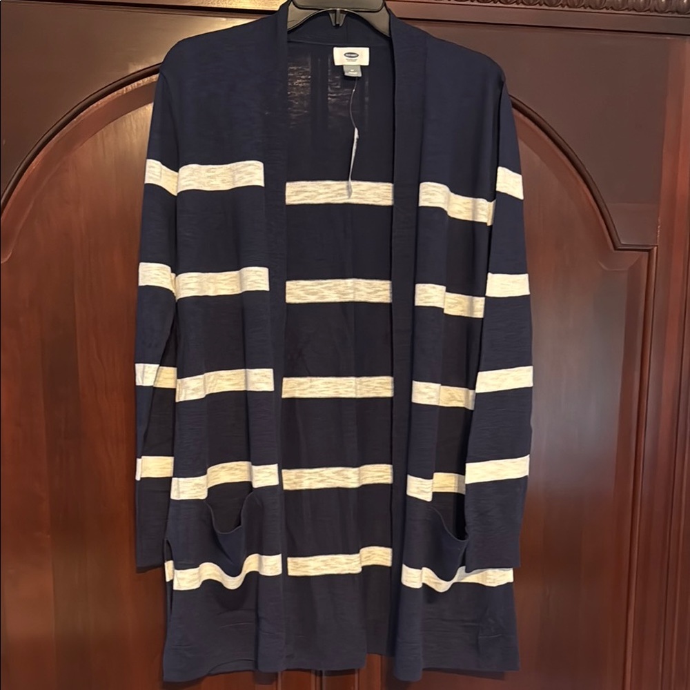 Old Navy Blue and White Striped Cardigan Sweater